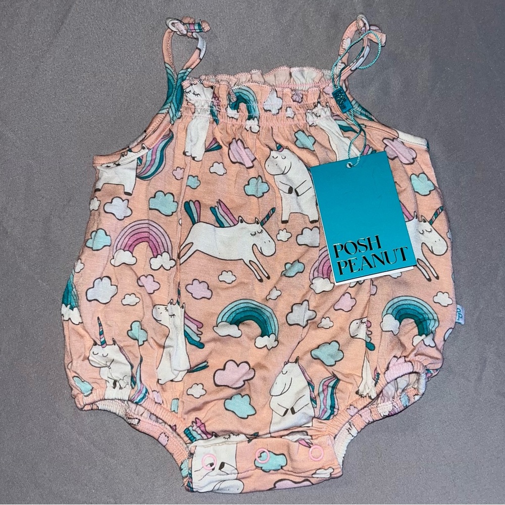 NWT posh peanut bubble romper Olive unicorn print infant